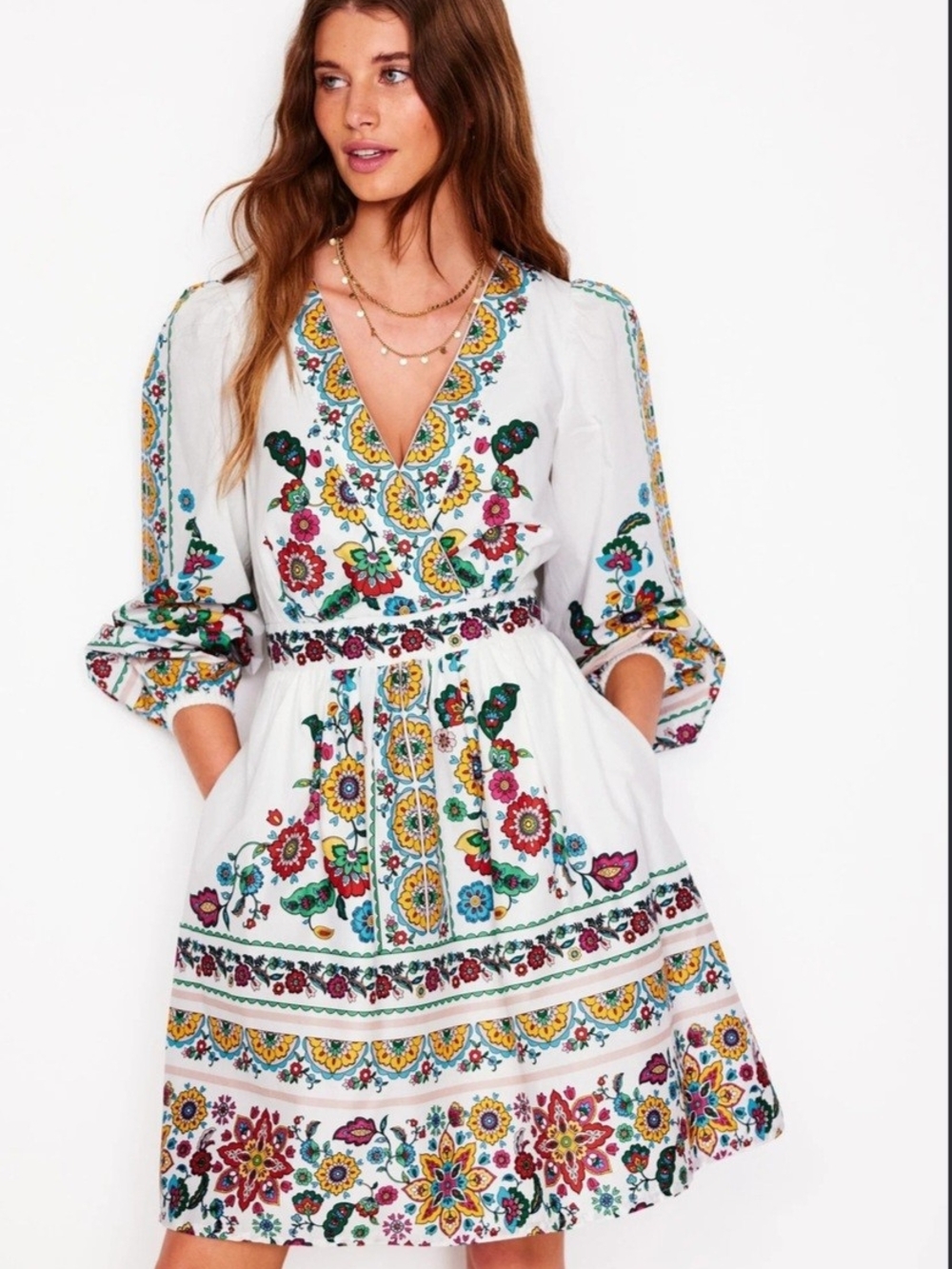 Boden Mya 100%Cotton Floral Mini Dress in White Size6R Western Bohemian Prairie